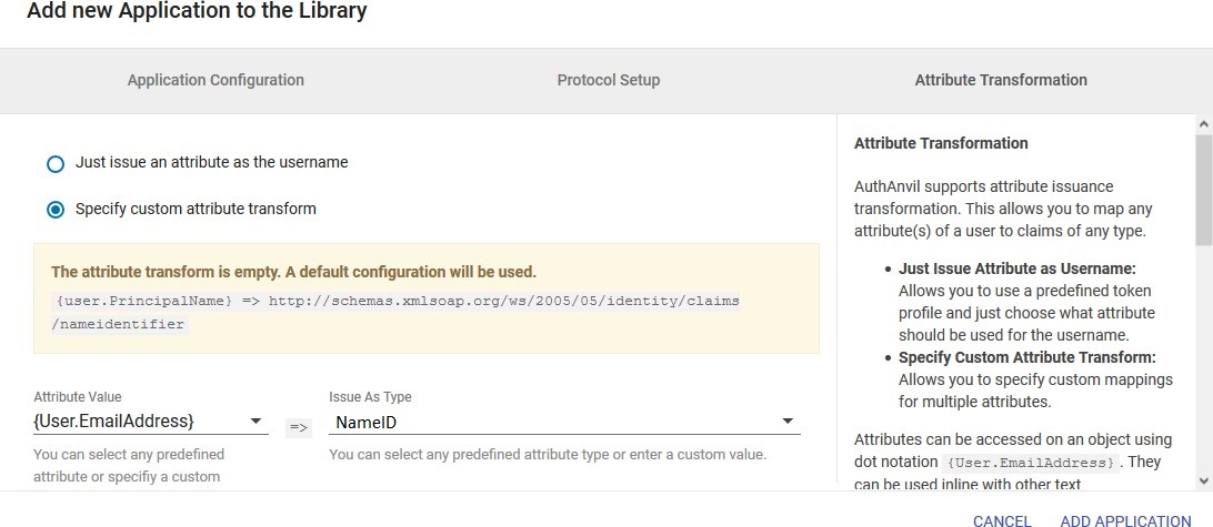 SAML Single Sign On (SSO) using AuthAnvil Identity Provider, Attribute Transformation