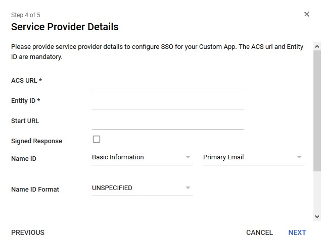 SAML Single Sign On using Google Apps/G-Suite, Google Apps/G-Suite SSO Login, Fill Service Provider Details