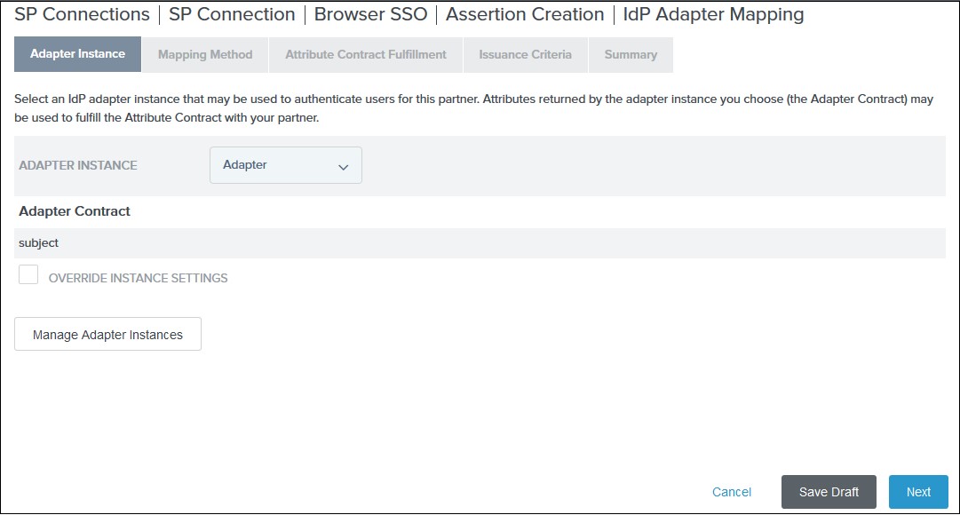 SAML Single Sign On (SSO) using PingFederate Identity Provider, Select Adapter Instance