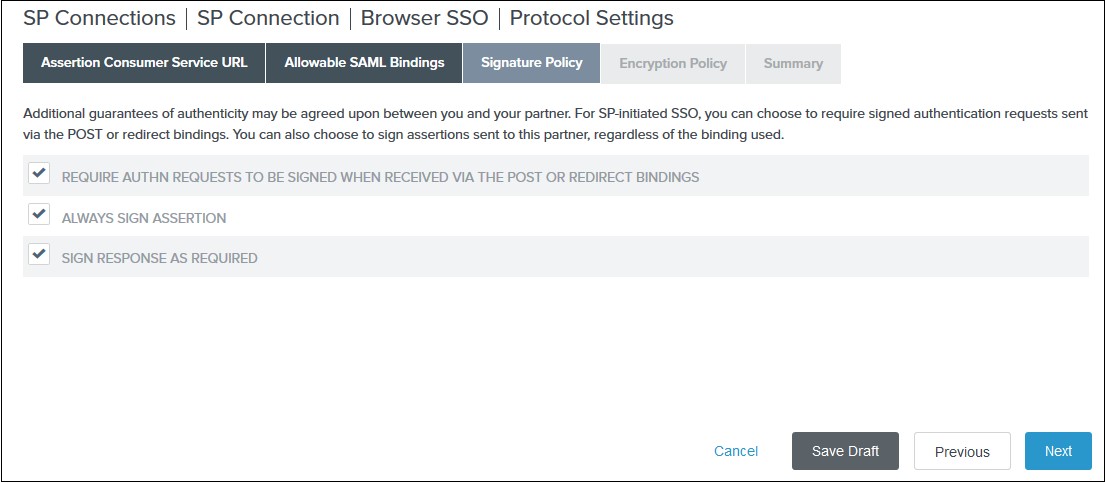 SAML Single Sign On (SSO) using PingFederate Identity Provider, Signature Policy for Assertion