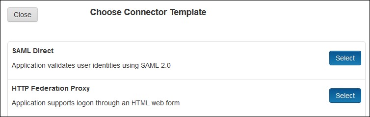 SAML Single Sign On (SSO) using RSA SecureID Identity Provider, Choose Template for Connector