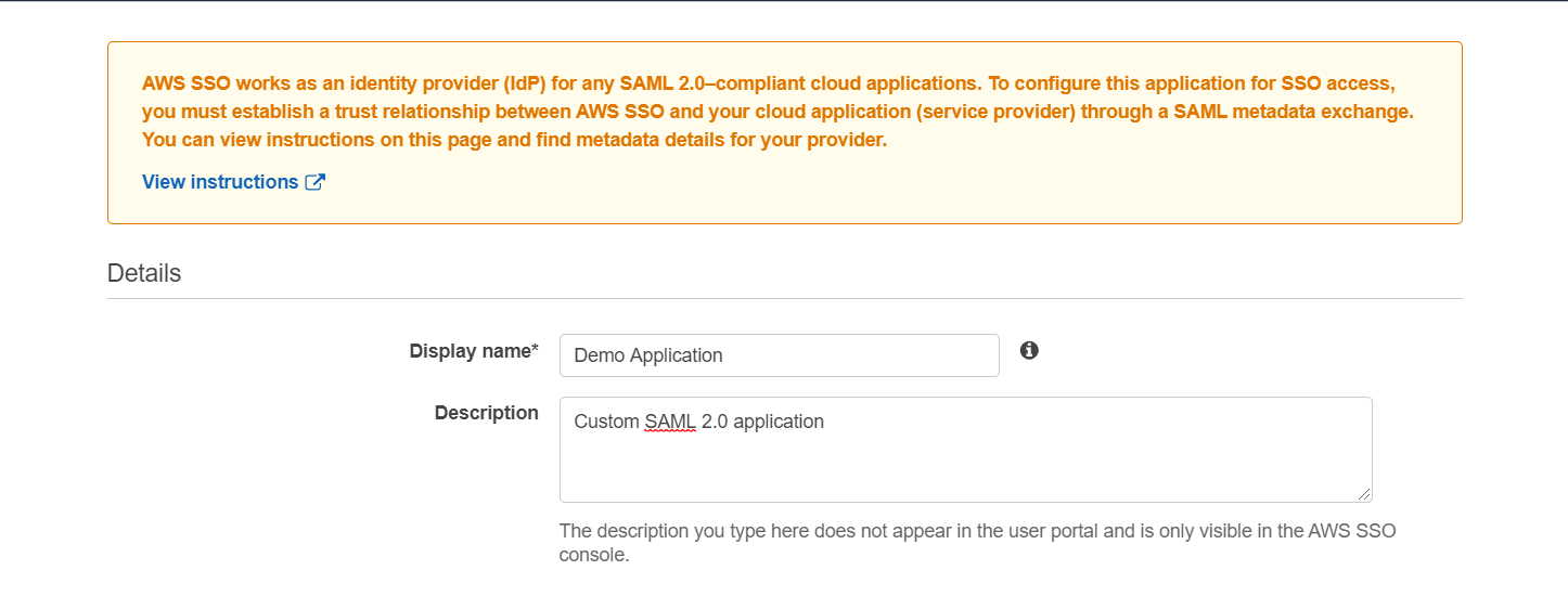 SAML Single Sign On(SSO) using AWS Identity Provider, Details of Application