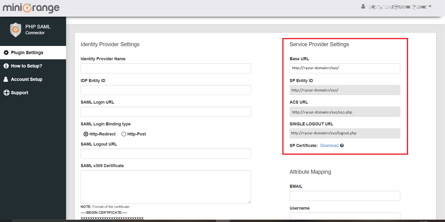 PHP SAML 2.0 authentication connector Service provider settings