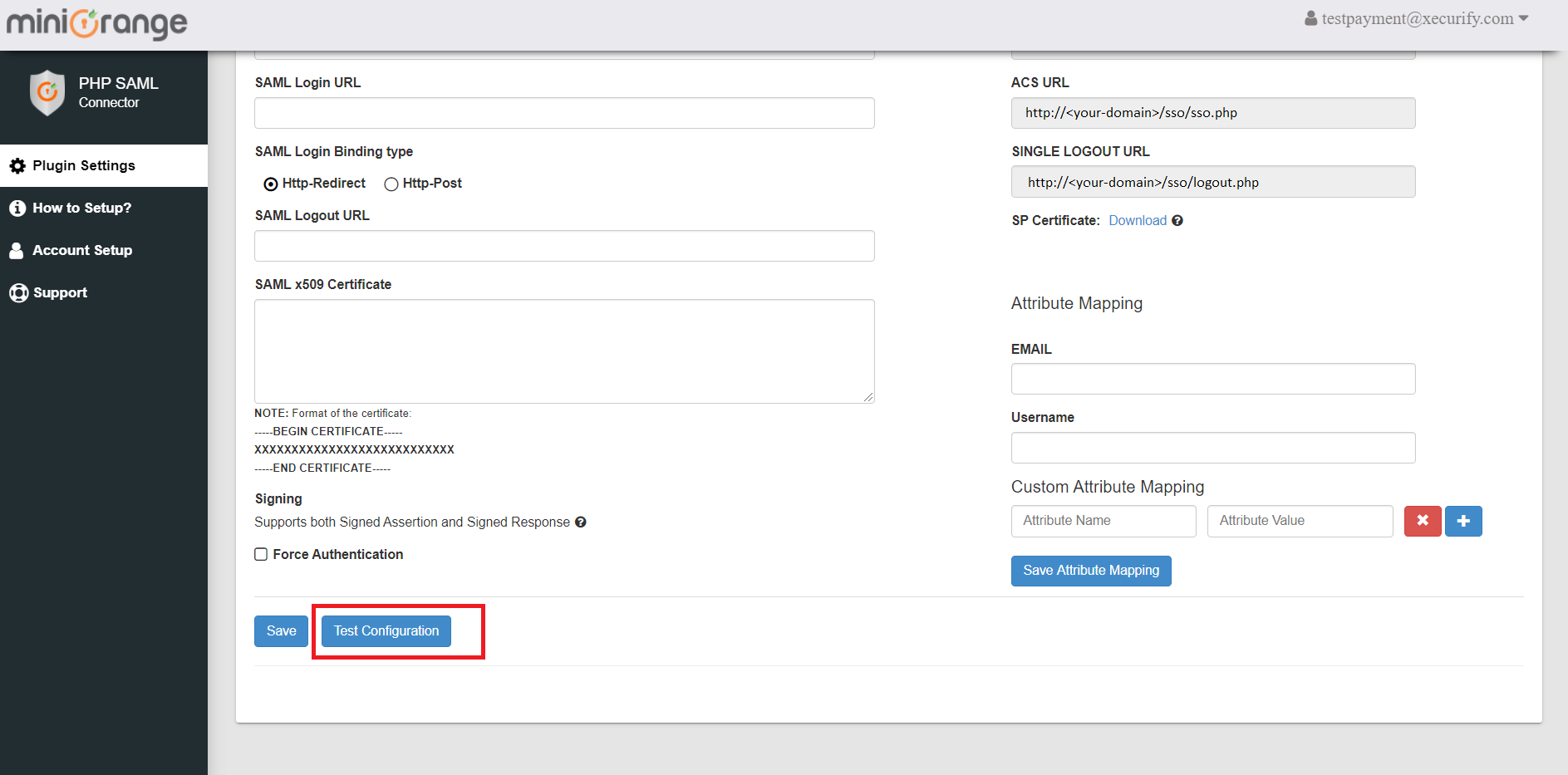 PHP SAML 2.0 authentication connector Test configuration settings.