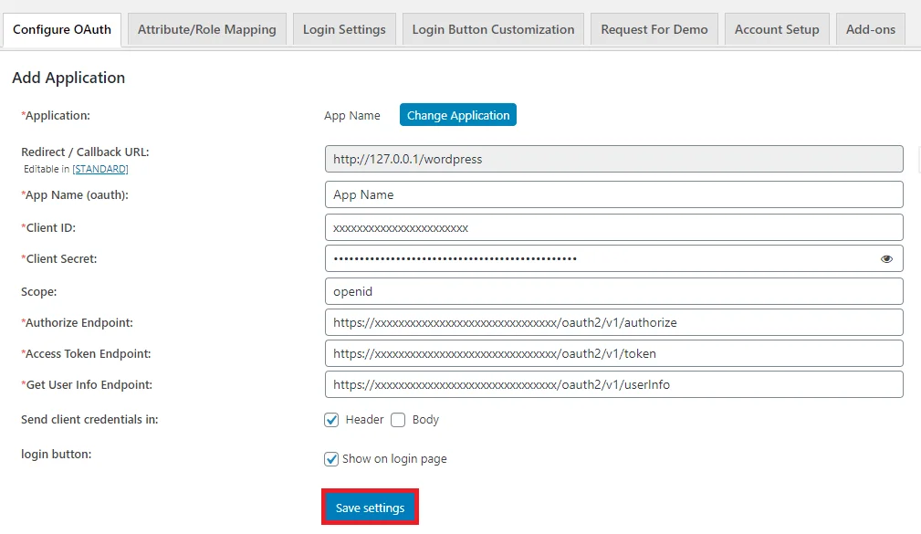  WordPress custom oauth app sso save settings