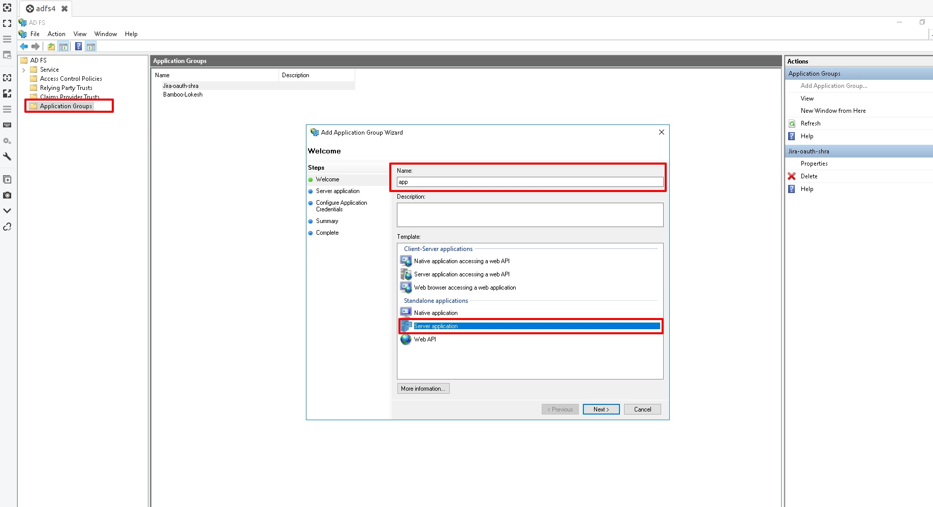 OAuth / OPenID Single Sign On (SSO) using ADFS, Application Group 