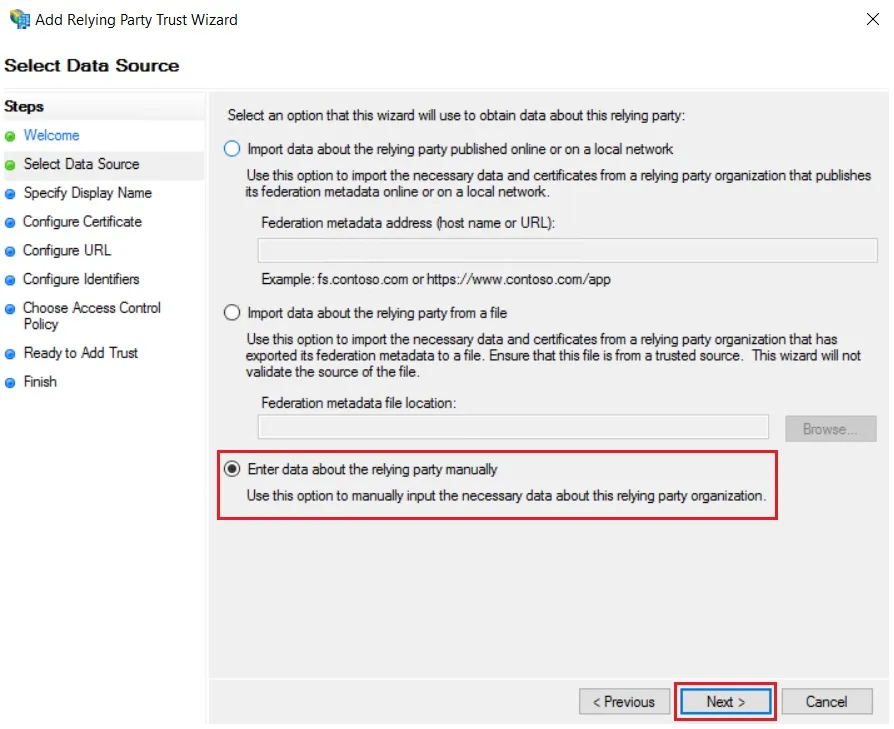 SAML Single Sign On (SSO) using ADFS Identity Provider, Manual configuration of metadata