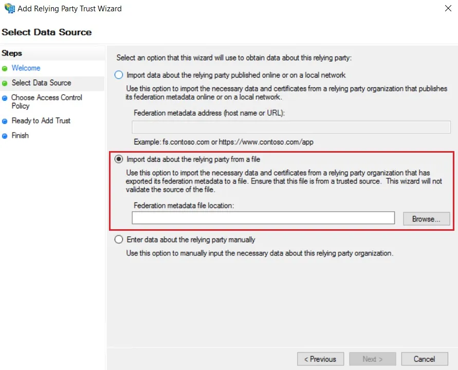 SAML Single Sign On (SSO) using ADFS Identity Provider, Import Metadata through XML file