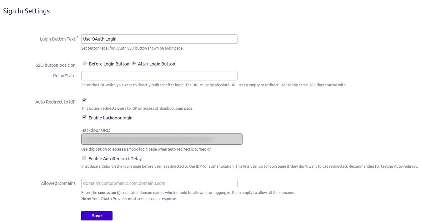 OAuth / OpenID Single Sign On (SSO) into Bamboo Service Provider, Sign in settings