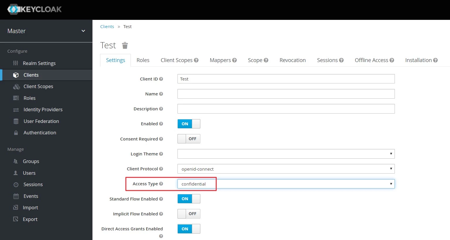 OAuth/OpenID/OIDC Single Sign On (SSO) using Keycloak Identity Provider, Change Access type