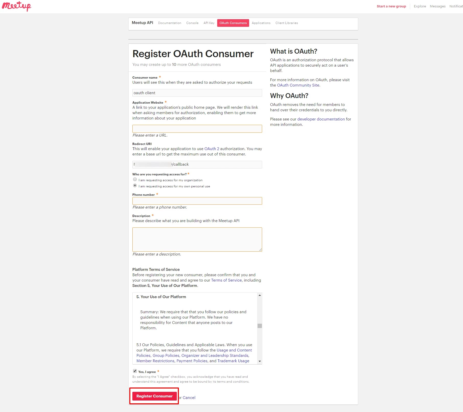 OAuth/OpenID/OIDC Single Sign On (SSO)using Meetup Identity Provider, Register consumer name