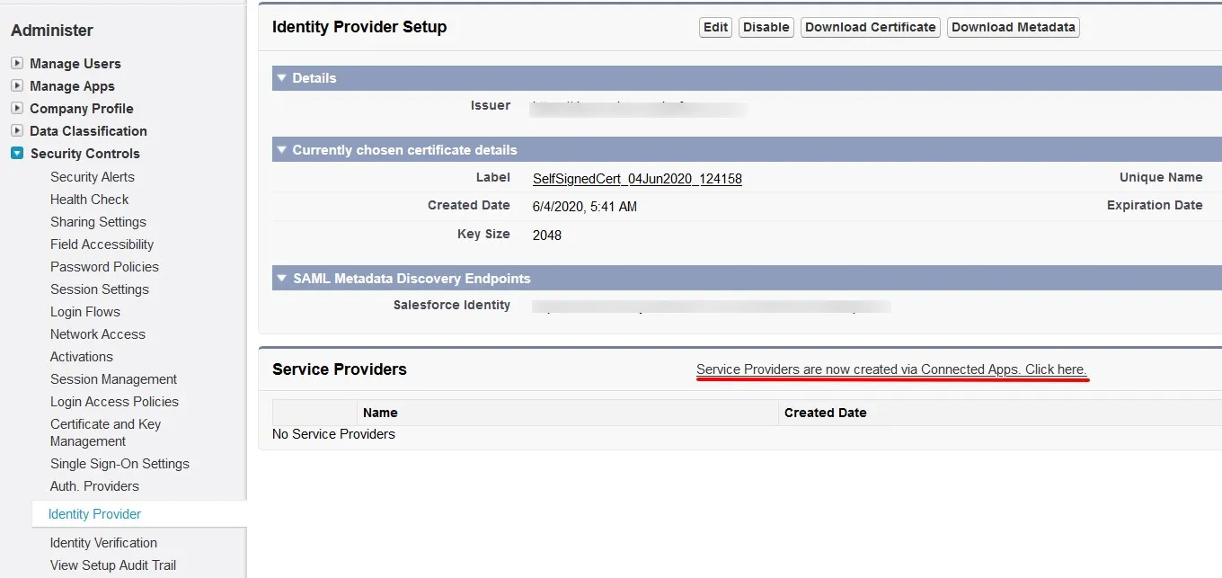 SAML Single Sign on (SSO) using Salesforce Identity Provider, Create SP via connected apps