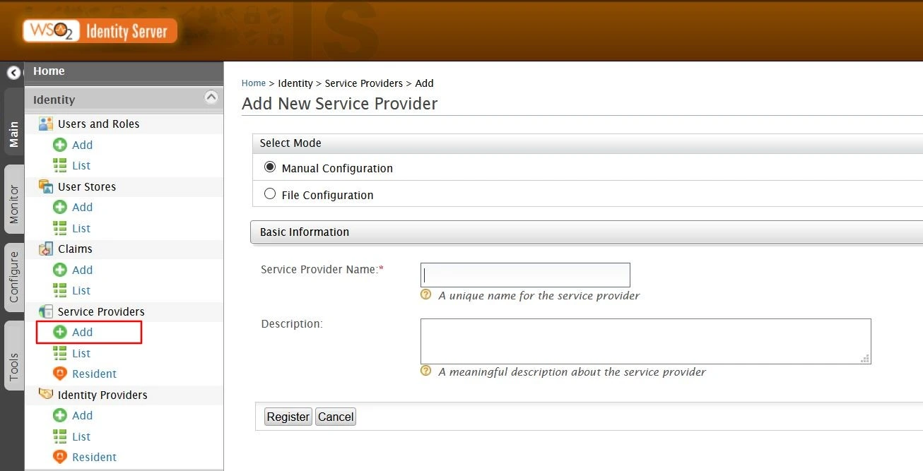 SAML Single Sign On (SSO) using WSO2 as Identity Provider, Add Service Provider Manually