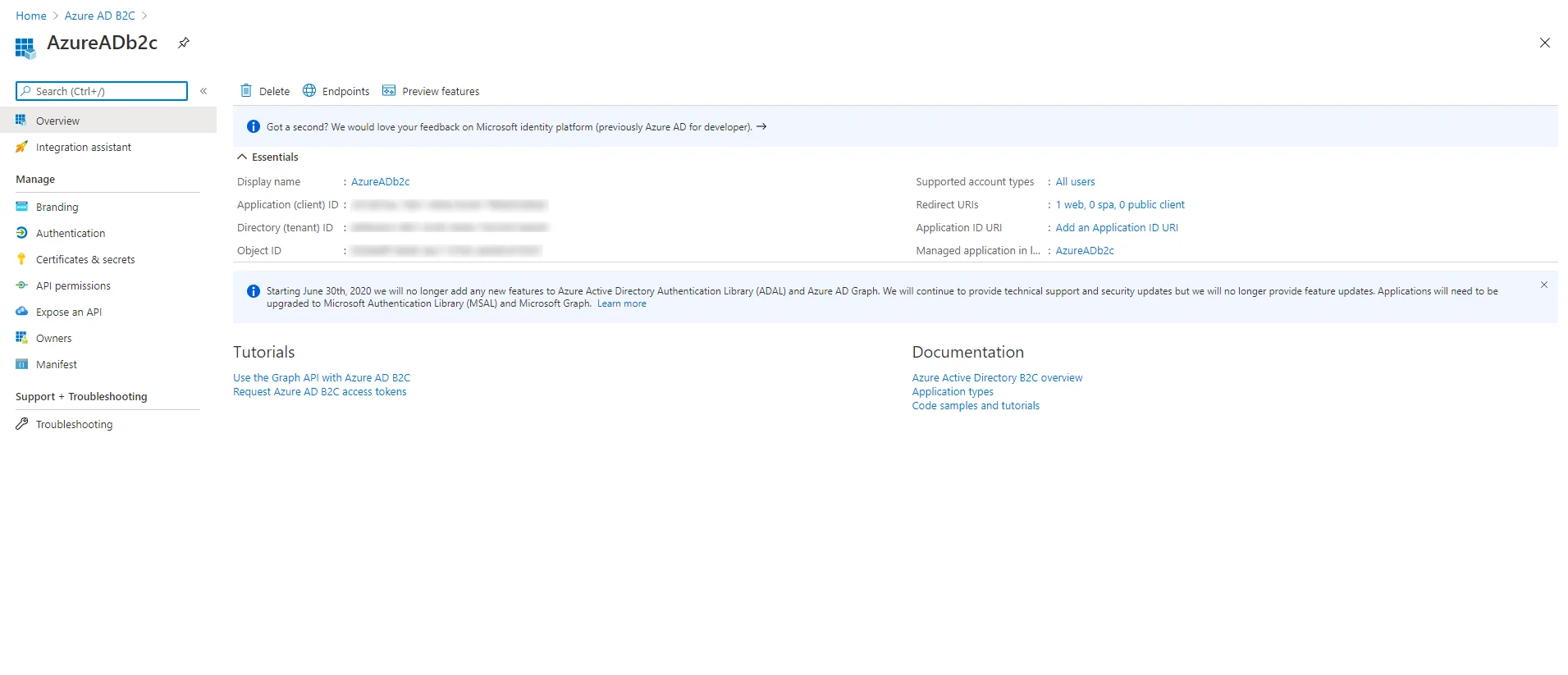 Azure AD B2C Shopify (SSO) - Application ID (Client ID)