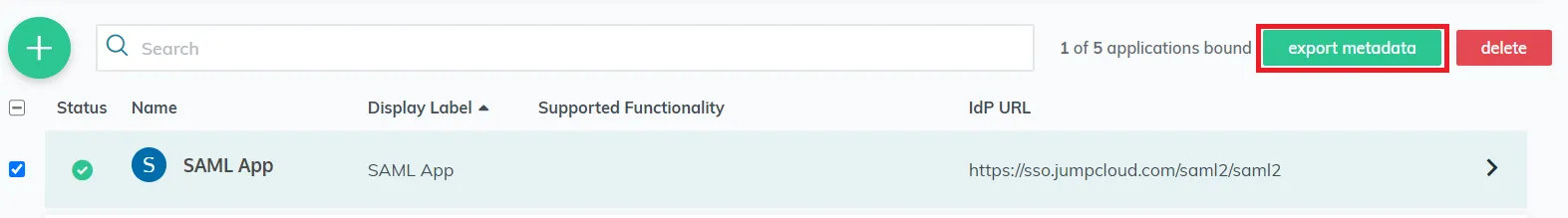 SAML Single Sign-On (SSO) using JumpCloud (IdP), Export Metadata