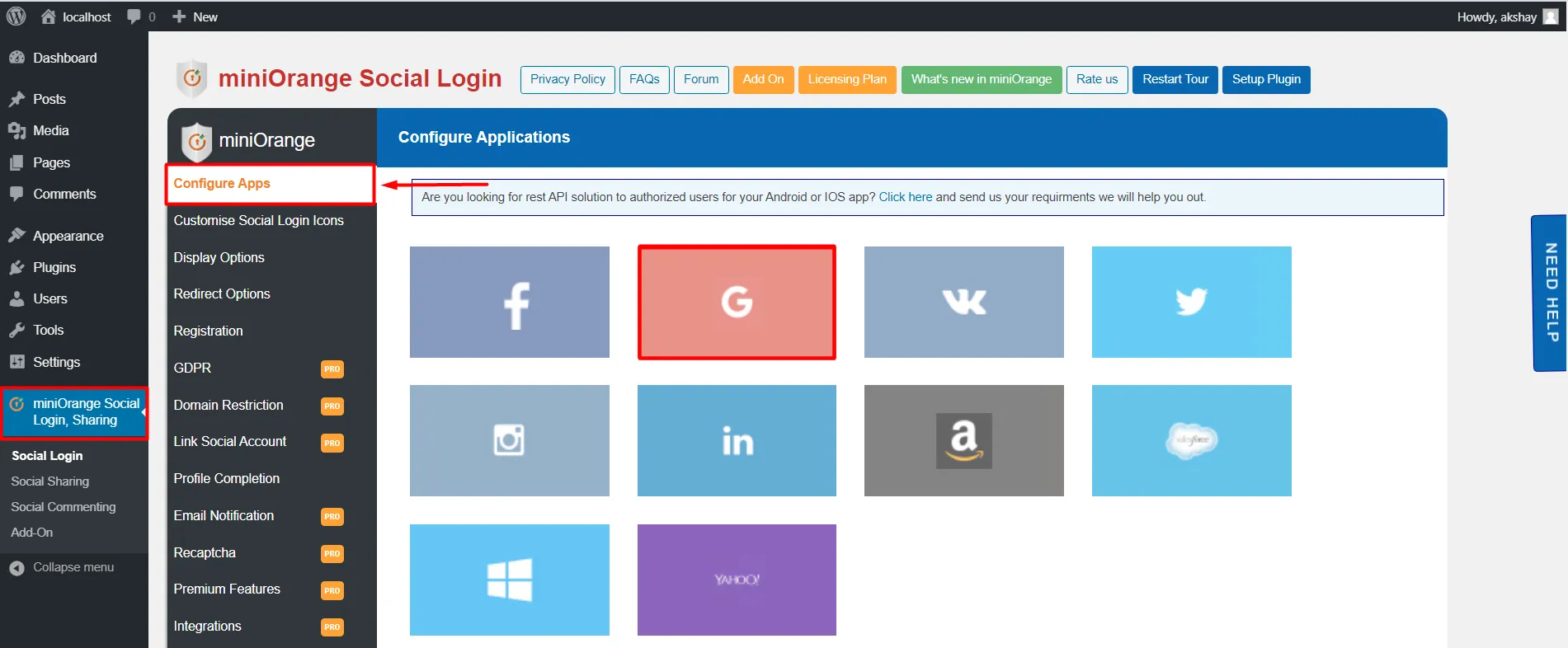Google app WordPress social login miniOrange social