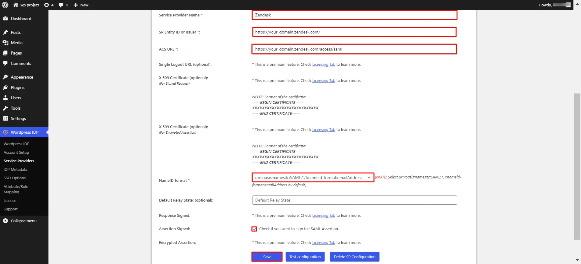 enter sp info zendesk as sp