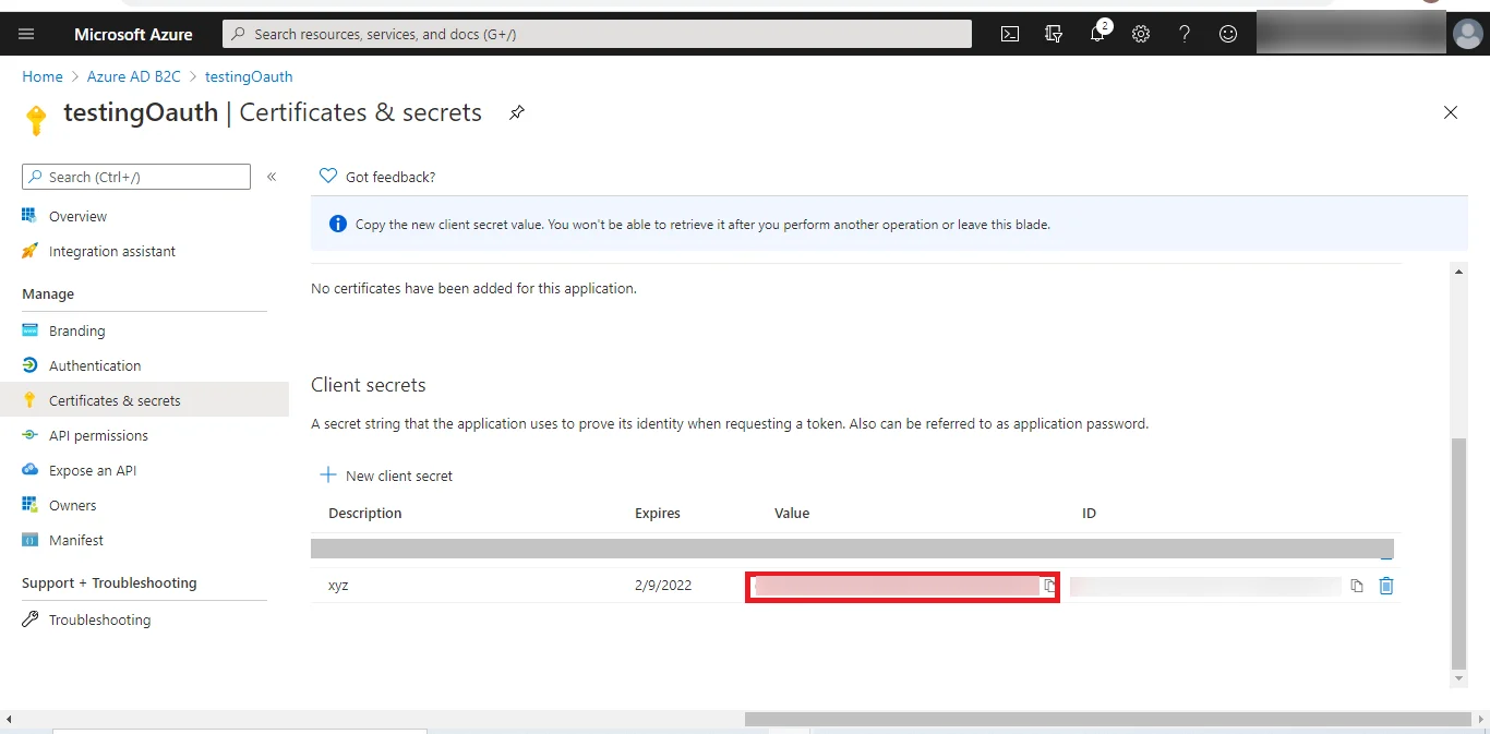 Azure AD B2C Shopify (SSO) - Client Secret