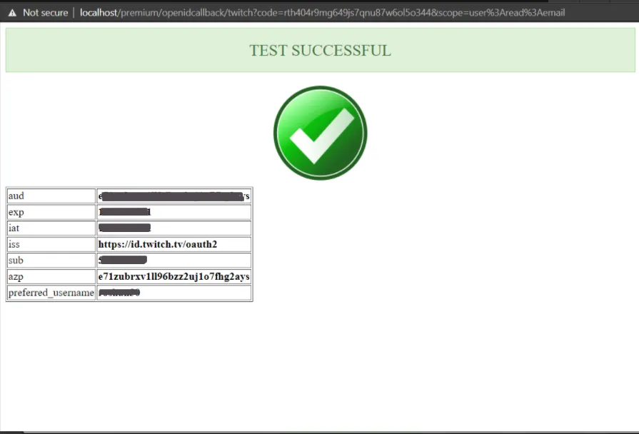 Twitch login Test Configuration attributes