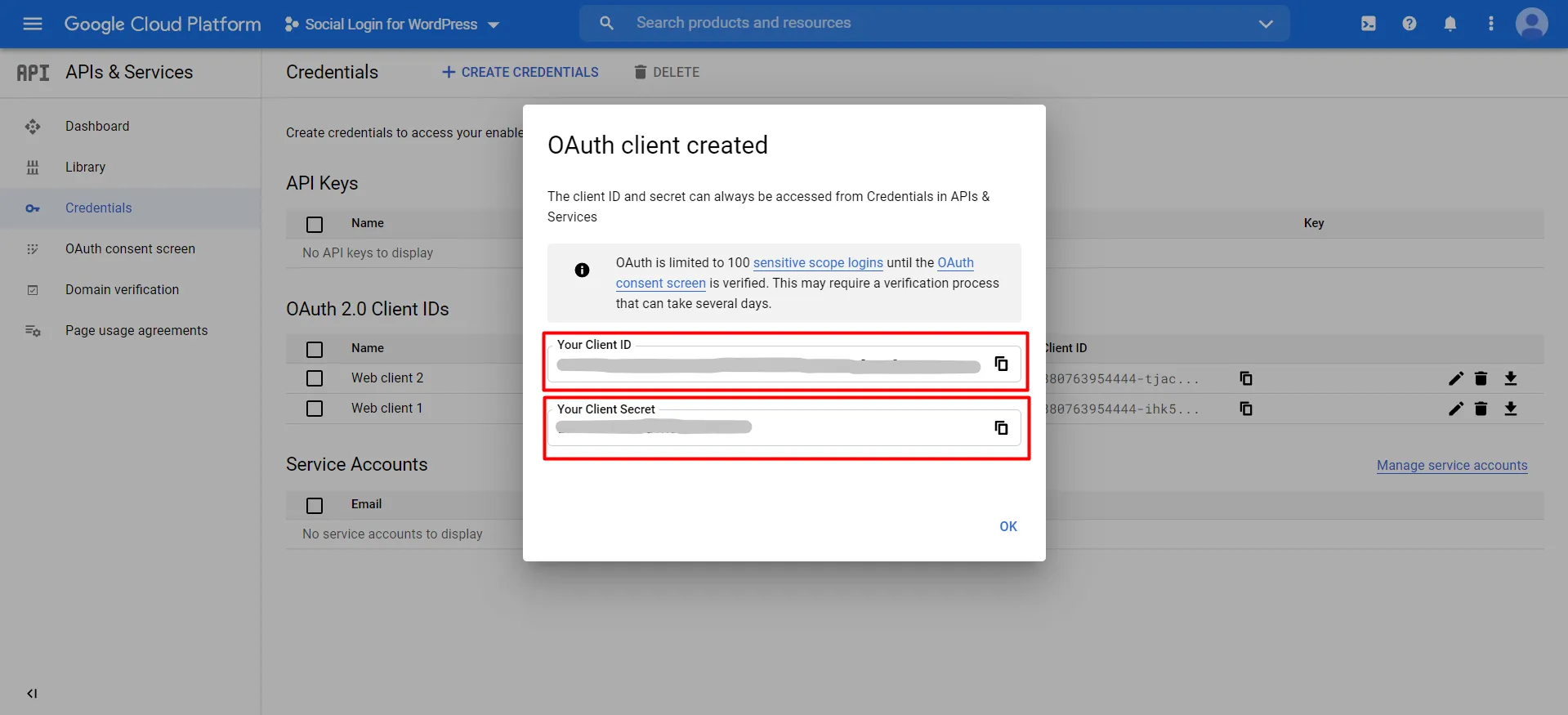 Google app client id and client secret for WordPress social login