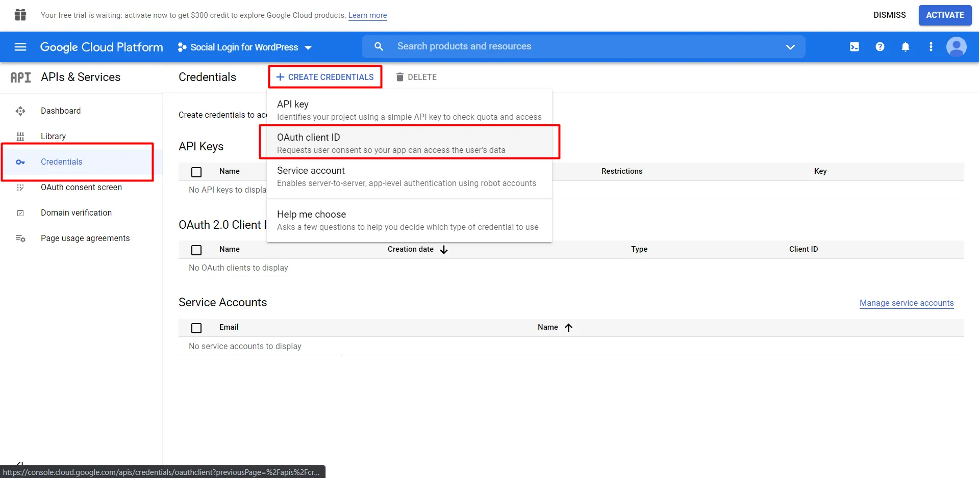 Google app credentials for social login