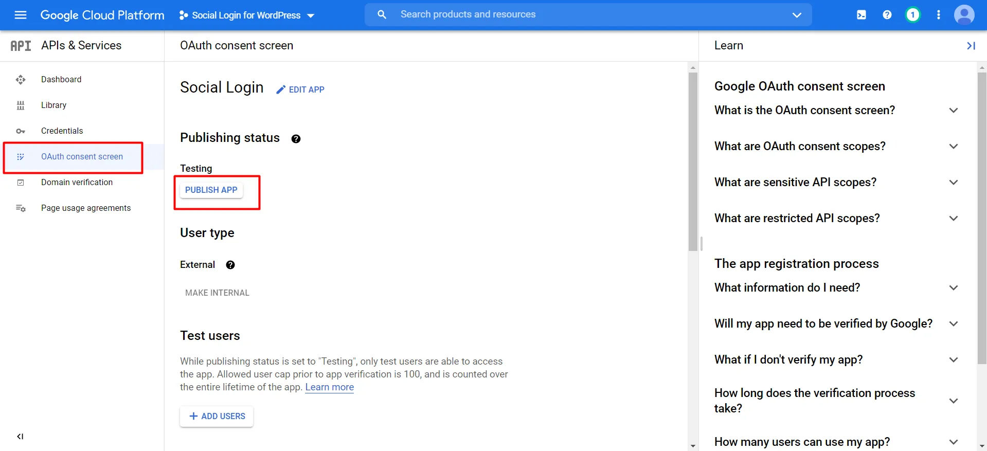 Publish Google app on developers console