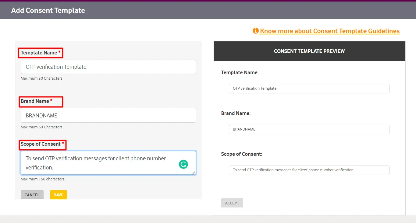 OTP Verification DLT Consent Template description of message content