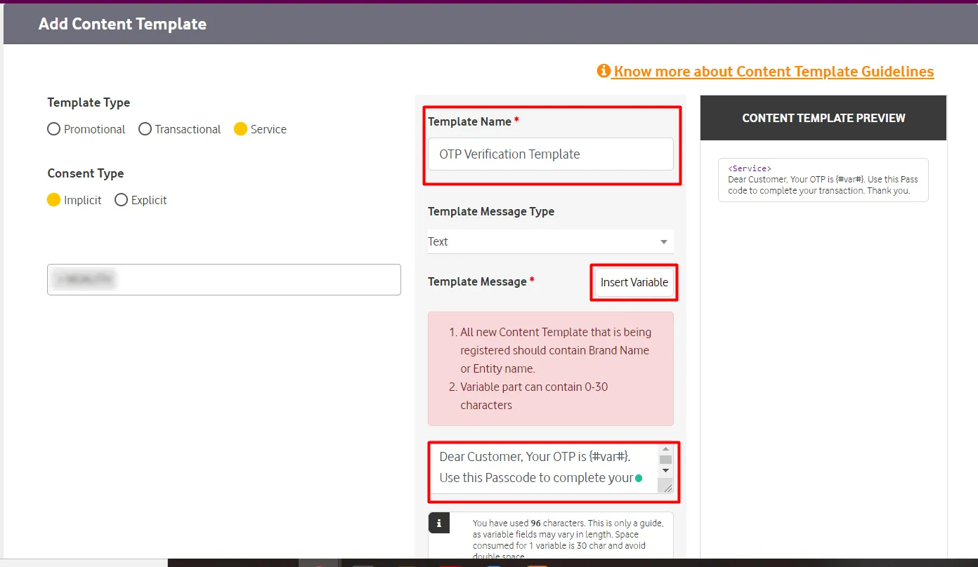 OTP Verification DLT register content templete click on submit