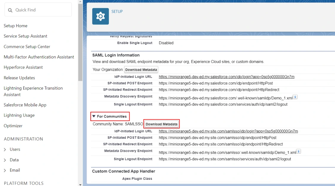 Shopify SAML Single Sign on (SSO) using Salesforce Identity Provider, Download Identity Providers metadata