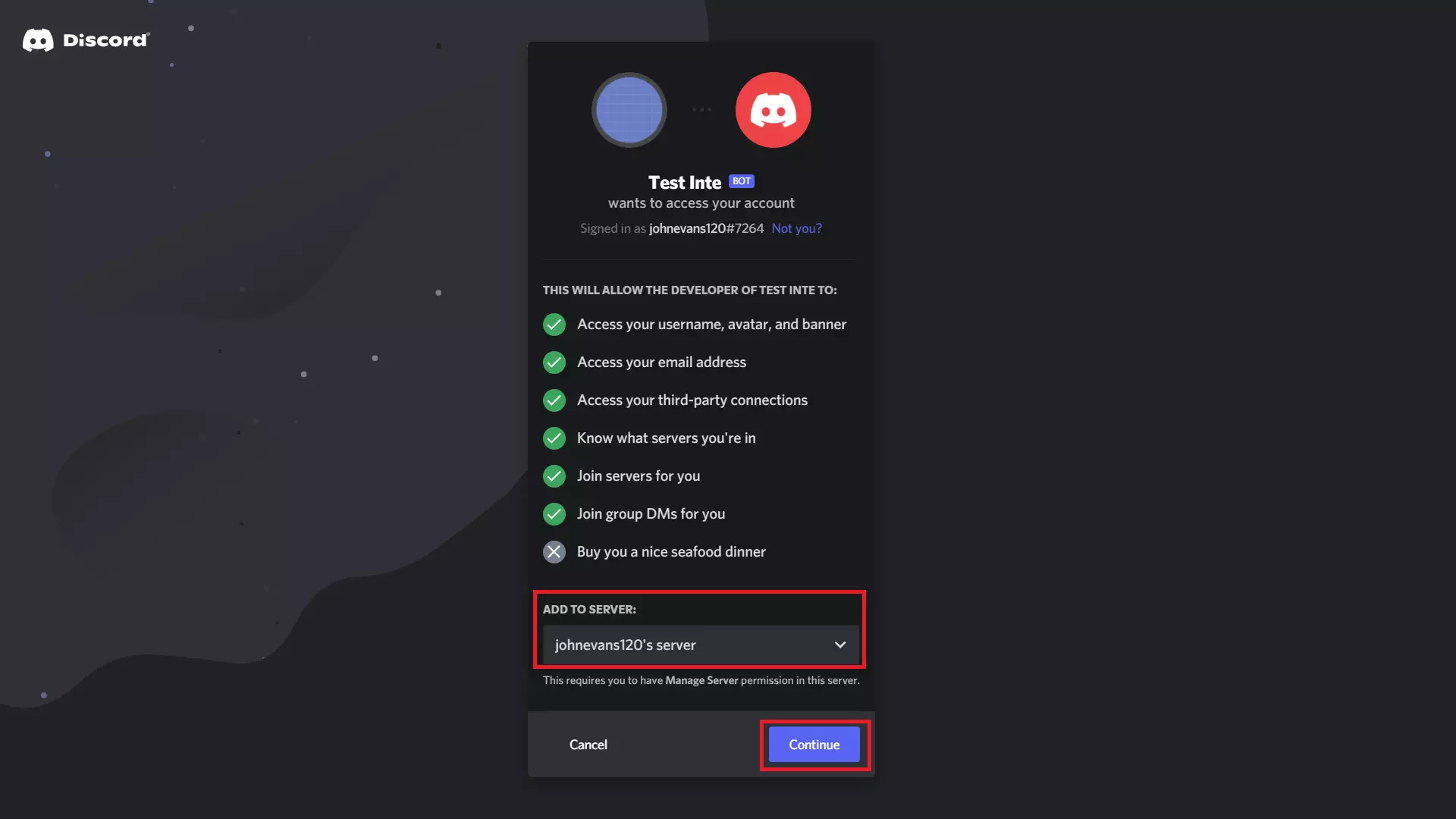 select discord server integration