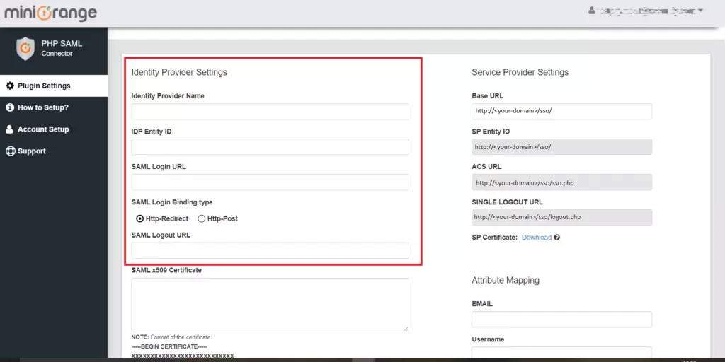 PHP SAML 2.0 authentication connector Identity provider settings 