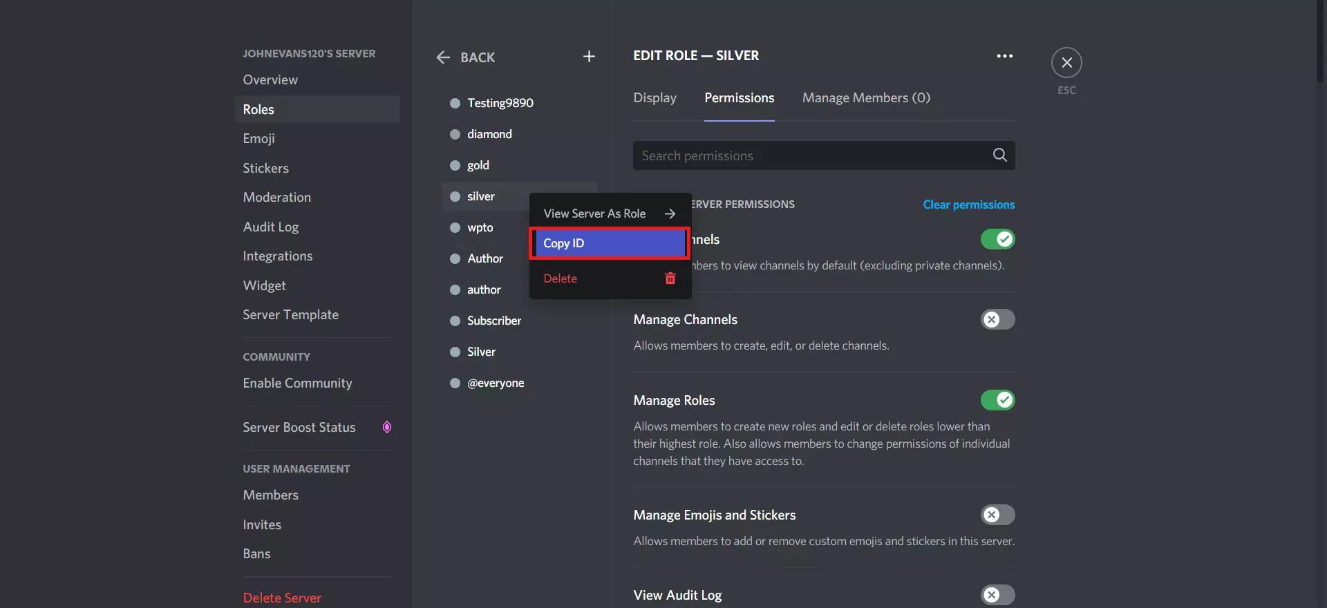 discord integration copy role ID