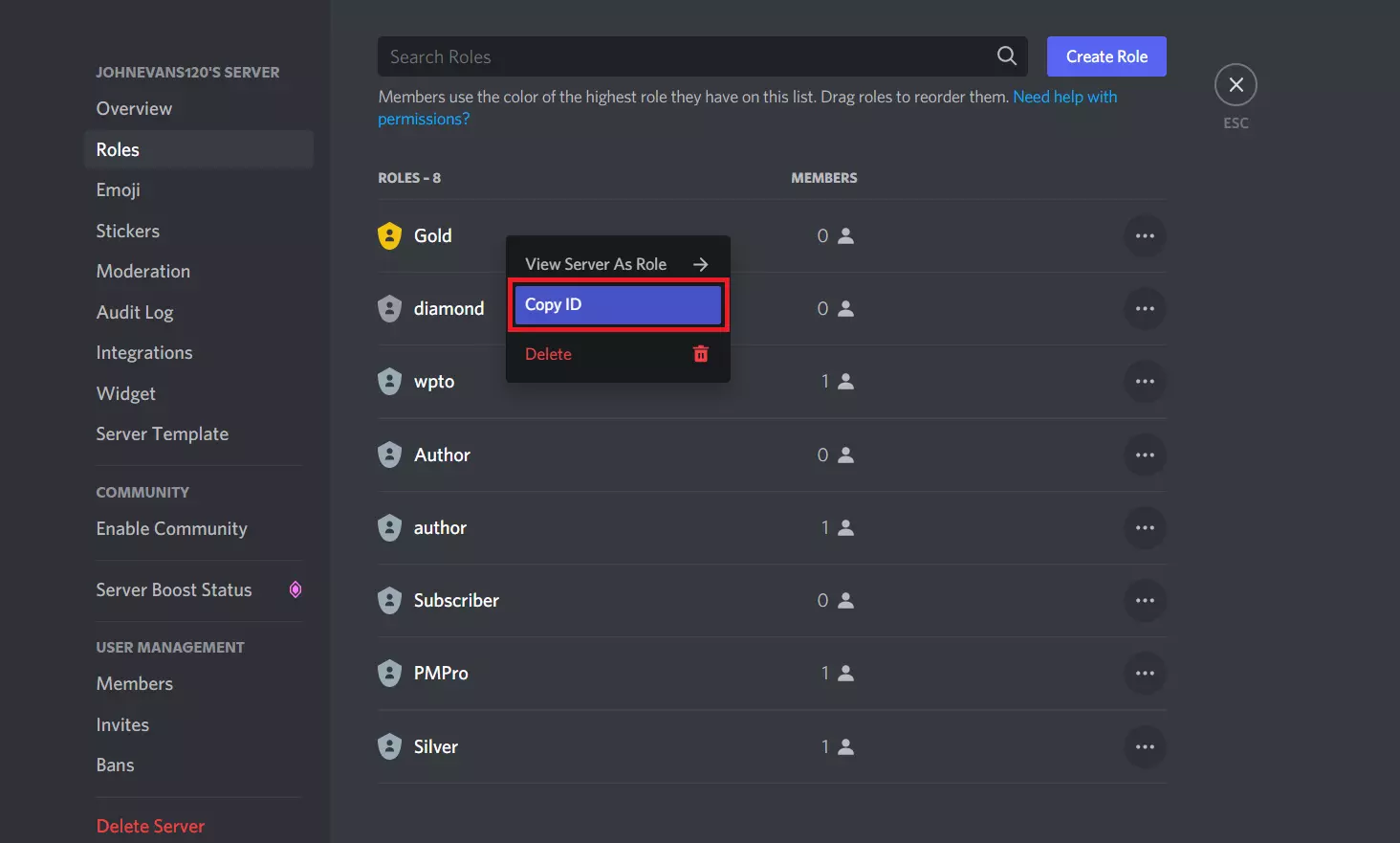 discord integration copy role ID