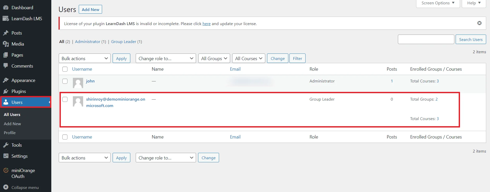 WordPress LearnDash Integration - User tab