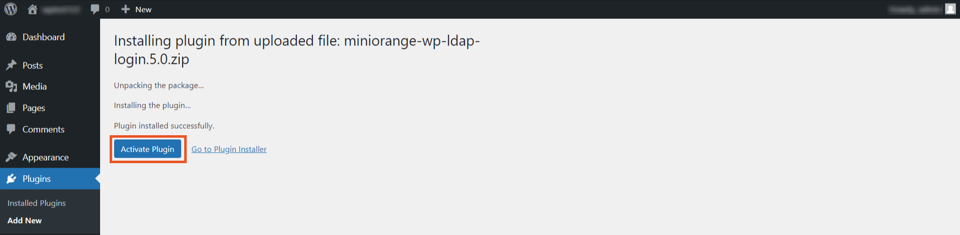 WordPress Console to add miniOrange Active Directory Integration / LDAP Integration plugin