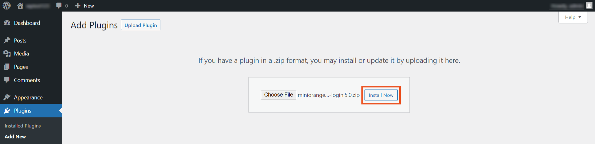 WordPress Console to upload and install miniOrange Active Directory Integration / LDAP Integration plugin