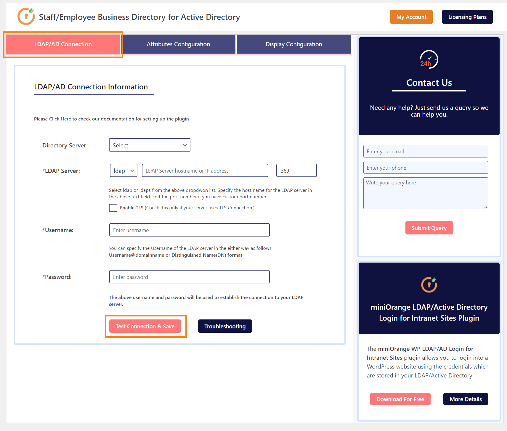 Staff Employee Business Directory for Active Directory plugin LDAP AD Connection