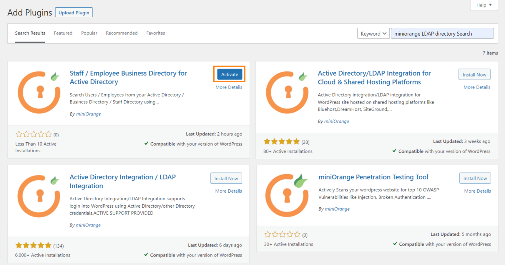 Activate the miniOrange Staff/Employee Business Directory for Active Directory plugin