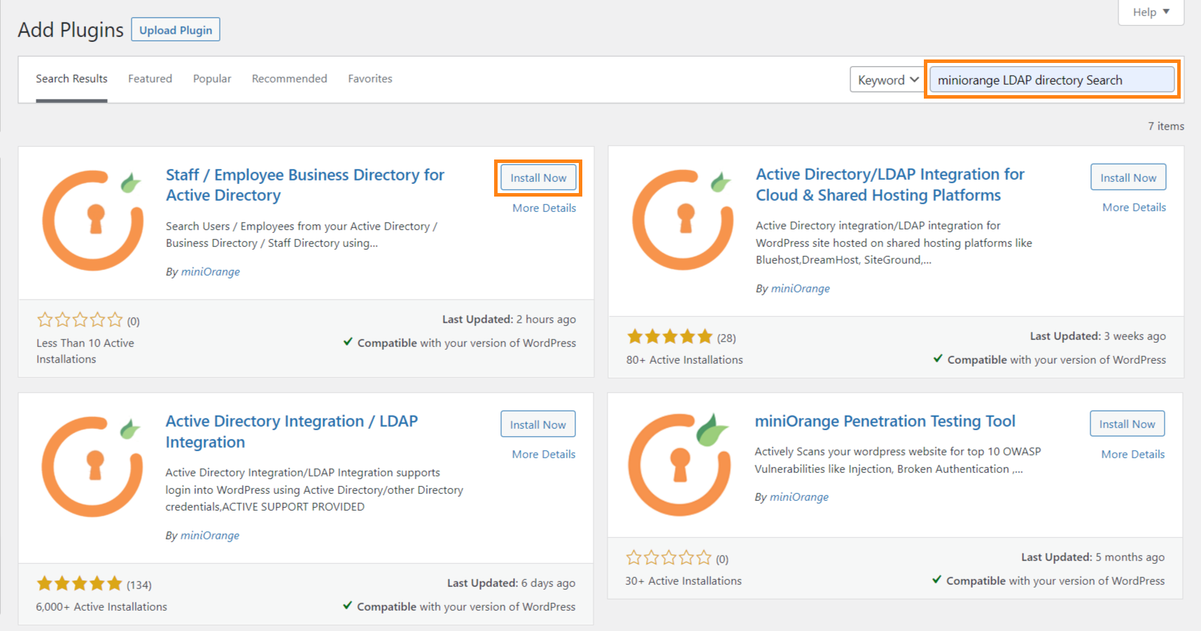 Search and Install the miniOrange Staff/Employee Business Directory for Active Directory plugin