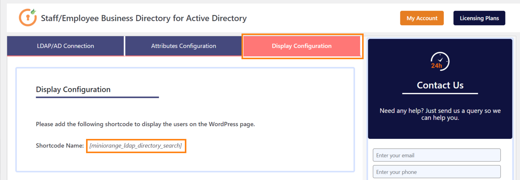 Staff/Employee Business Directory for Active Directory plugin display configuration
