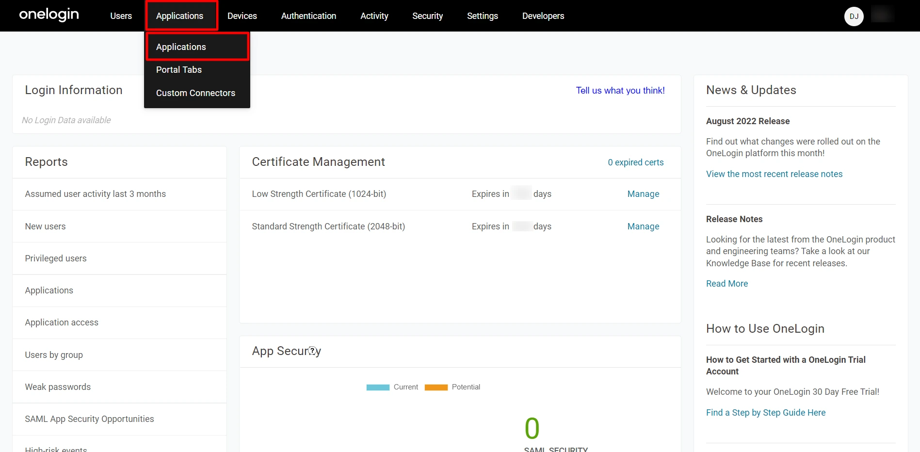 Onelogin saml Single Sign On login - click on applications