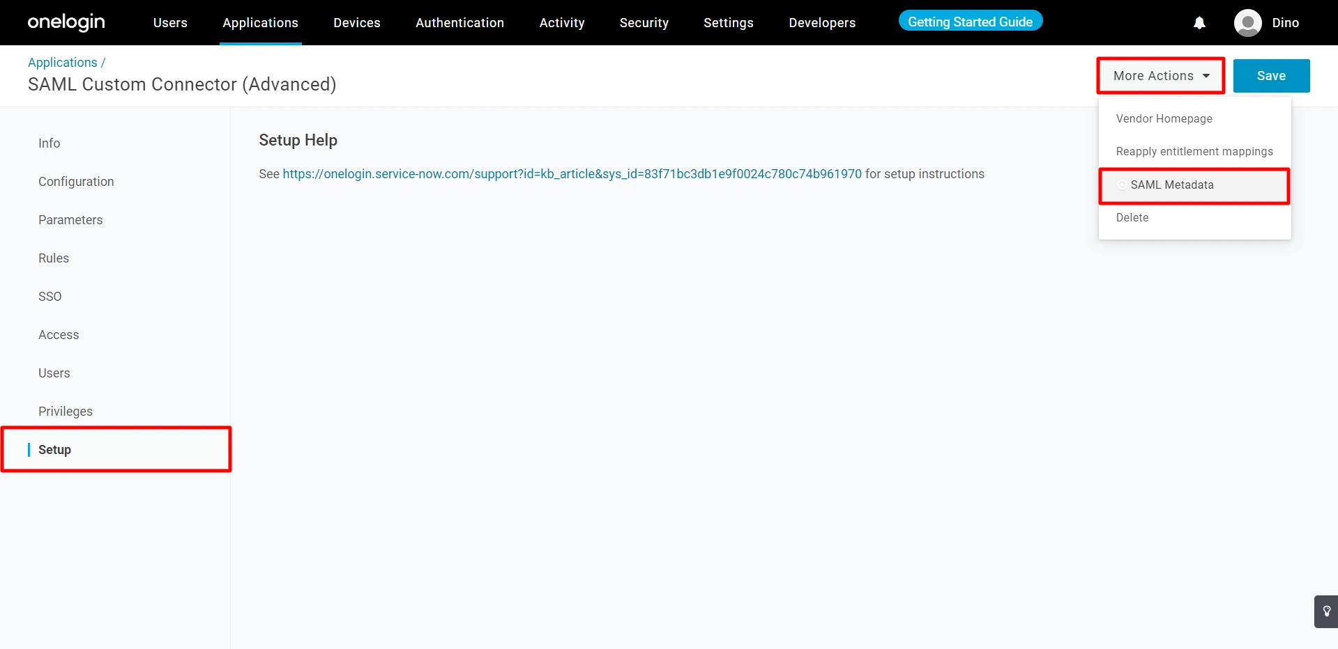 Onelogin saml Single Sign On login -  select saml metadata from more actions