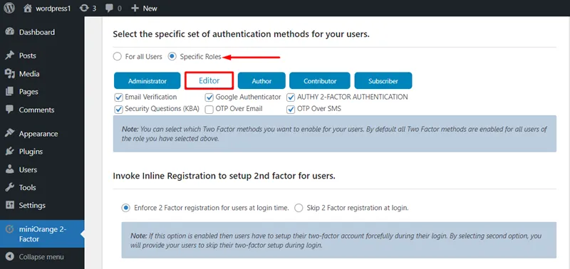 Role based 2FA - Slelect specific user