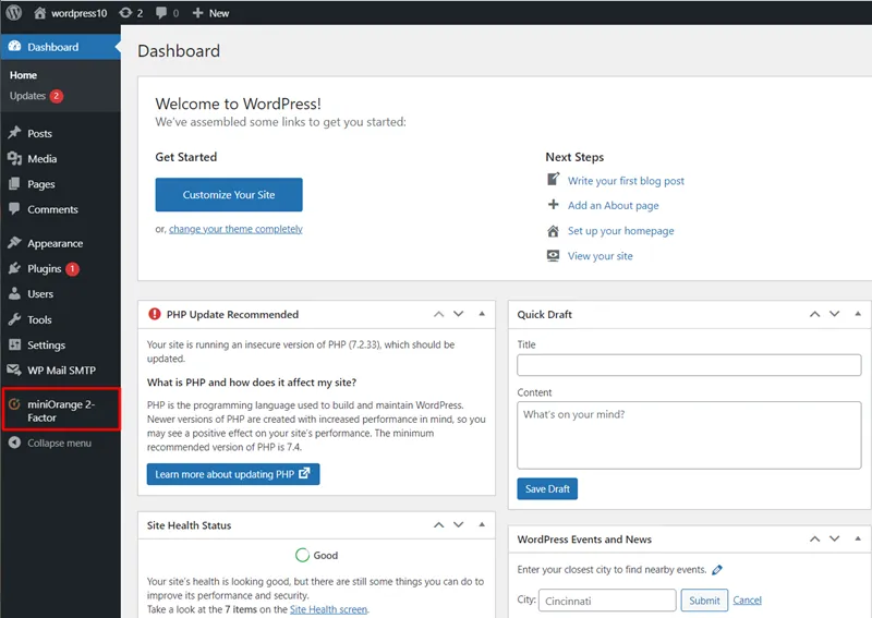 WordPress push notification - WordPress Dashboard