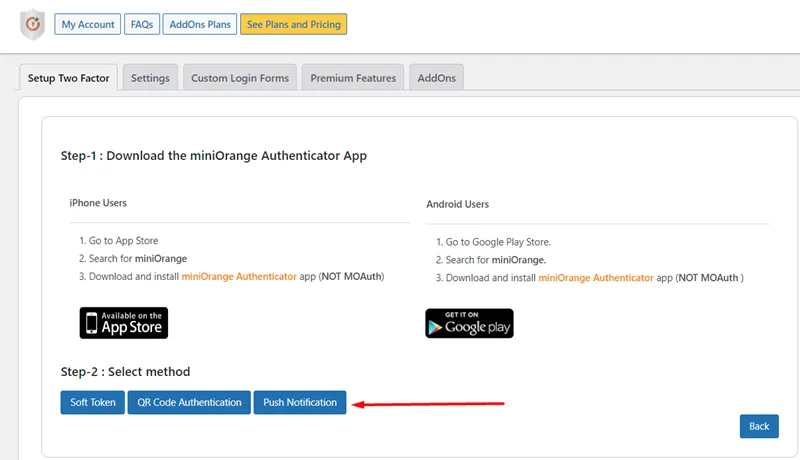 WordPress push notification - Select Authentication method