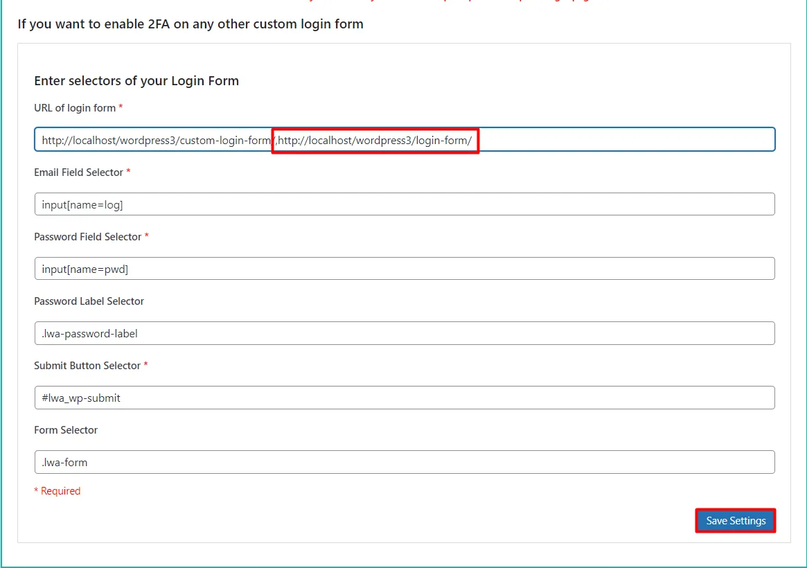 WordPress 2fa login - enter another form url