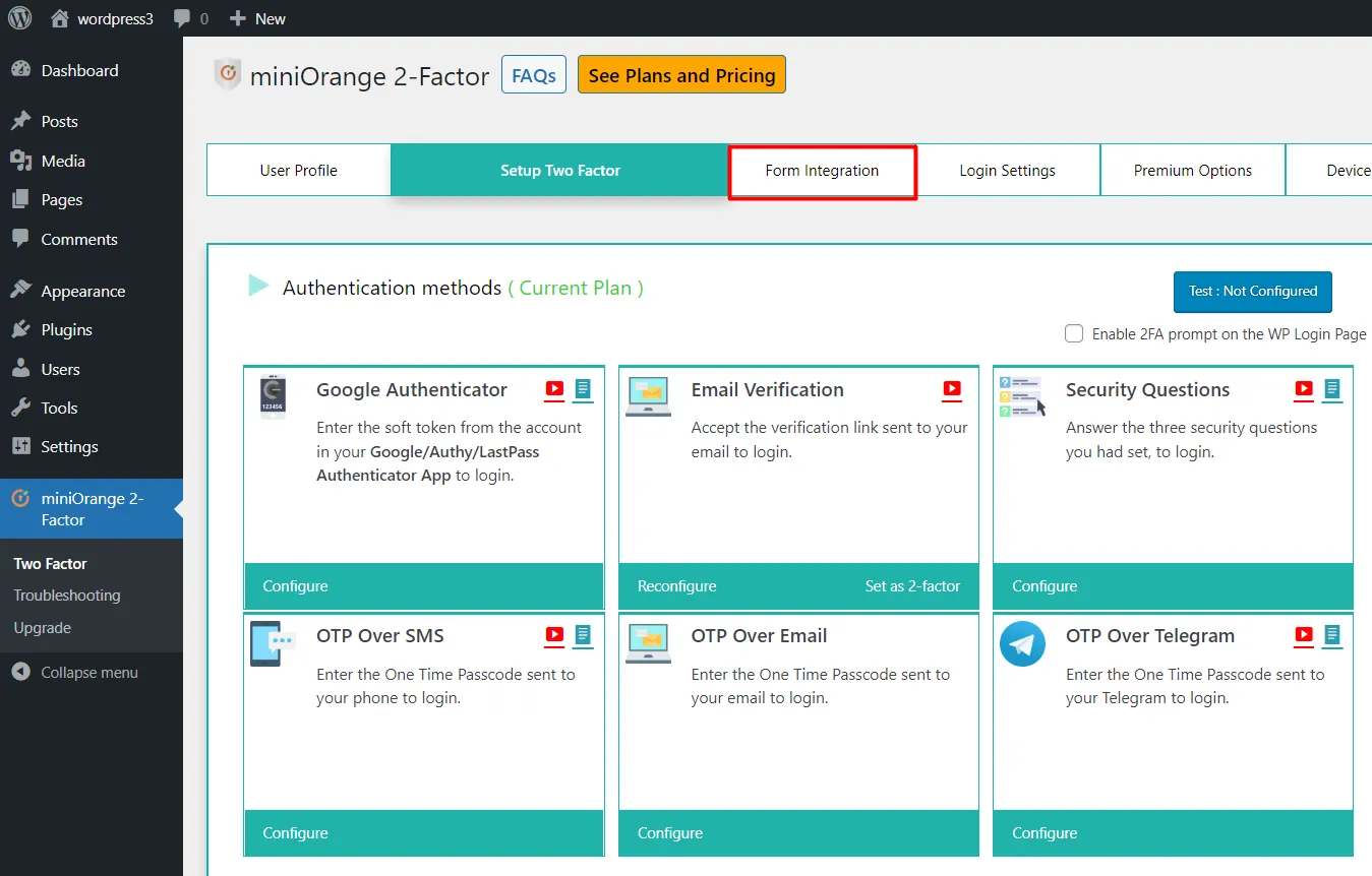 WordPress 2fa login - Go form integration tab