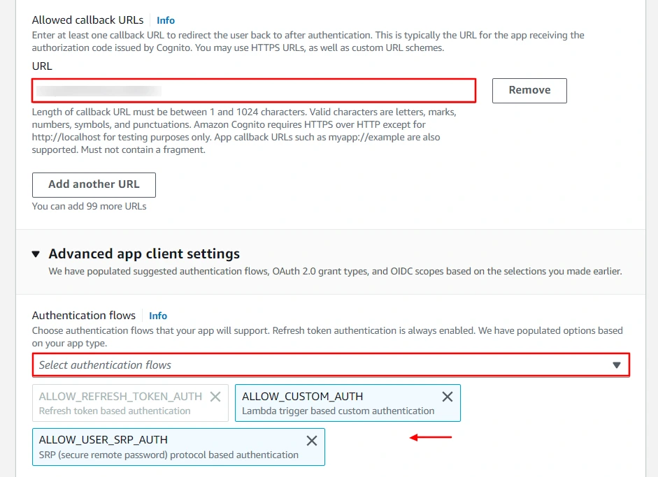 AWS Cognito Single Sign-On (SSO) - enter your callback url 