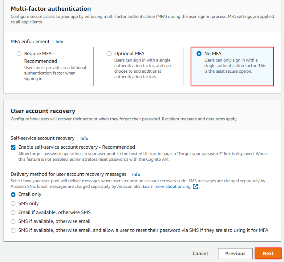 AWS Cognito Single Sign-On (SSO) - sign in with a single authentication factor 