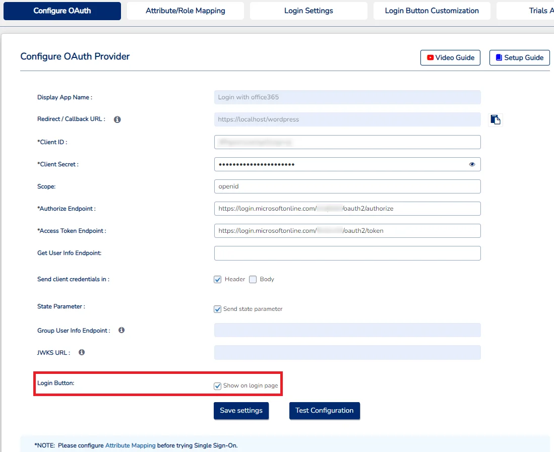 Login with Office 365 Single Sign-on (SSO) - WordPress create-newclient login button setting